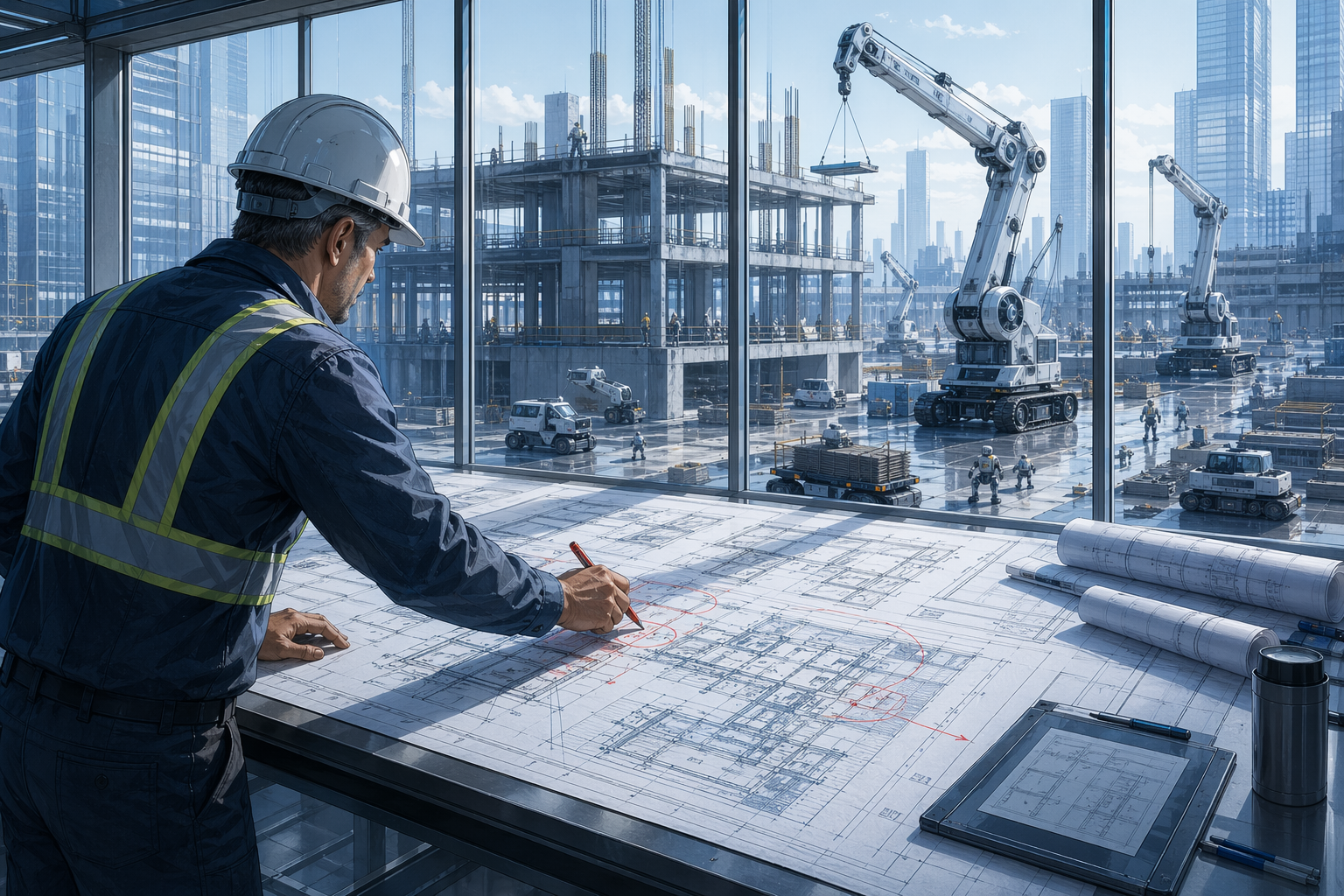 A foreman marks up blueprints while autonomous cranes build below - the architect directs, the machines execute