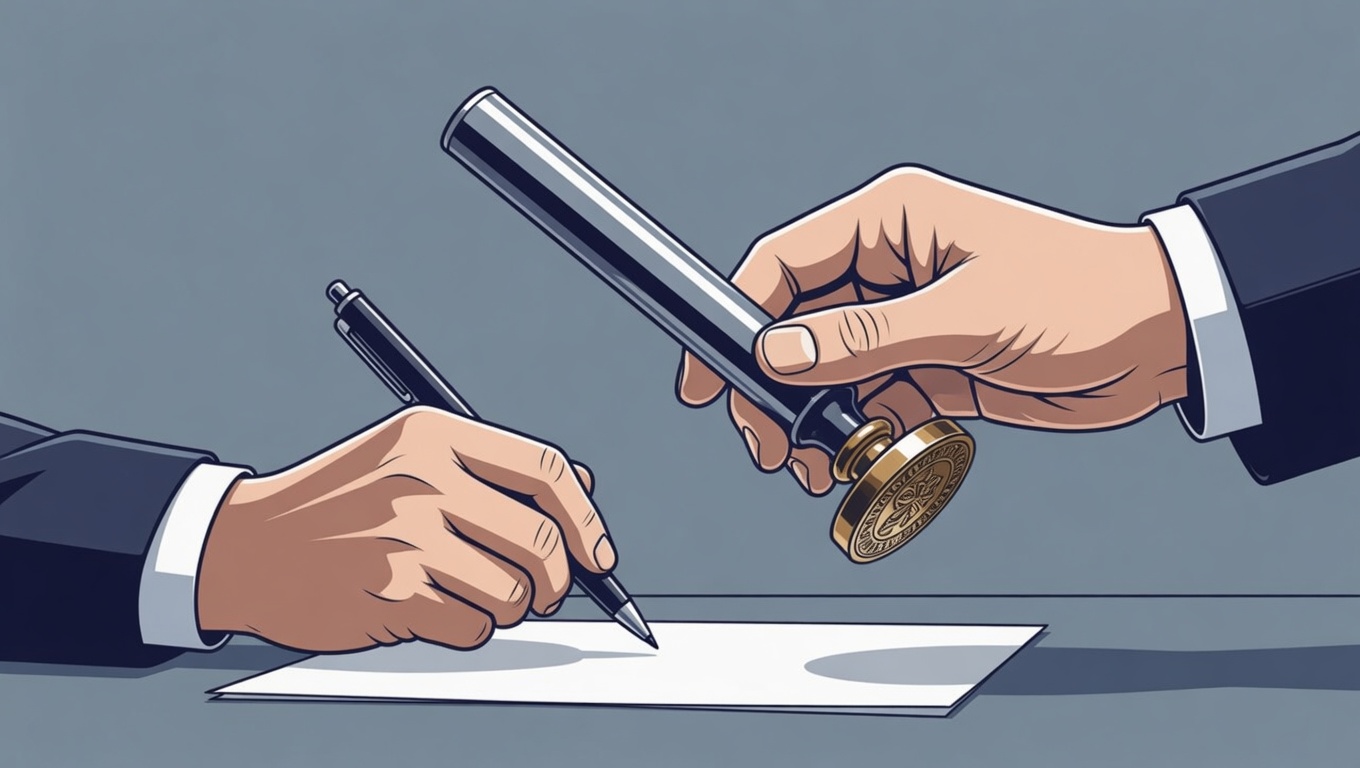 One hand with a pen, one hand with an official stamp — from author to owner