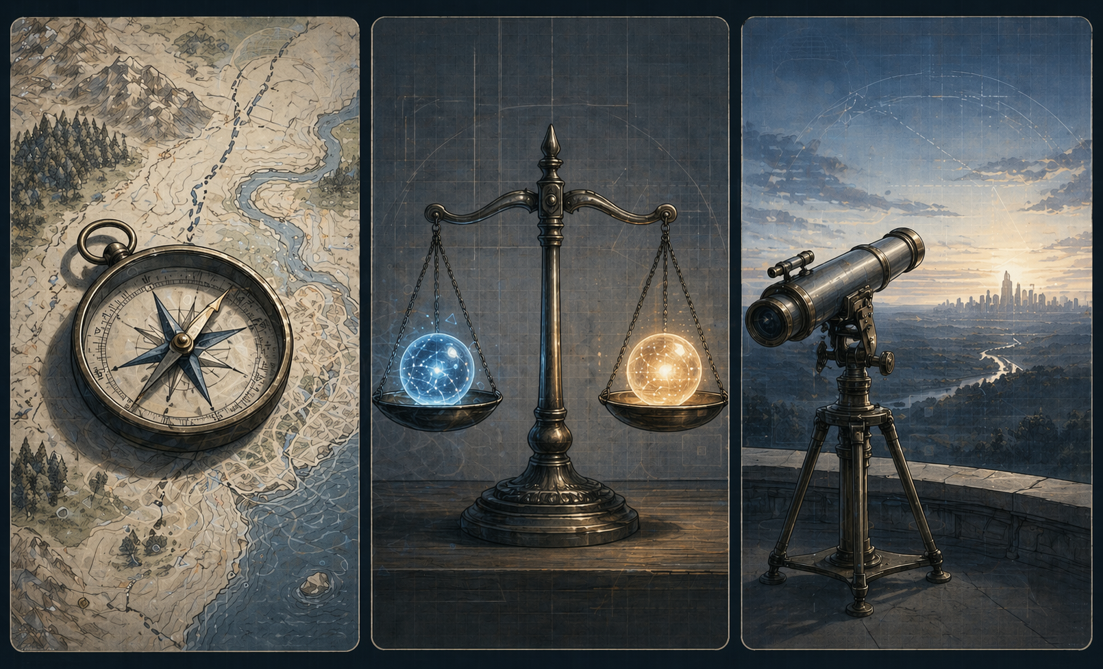 Three panels: a compass over a map, a balance scale with glowing orbs, and a telescope pointed at a distant horizon