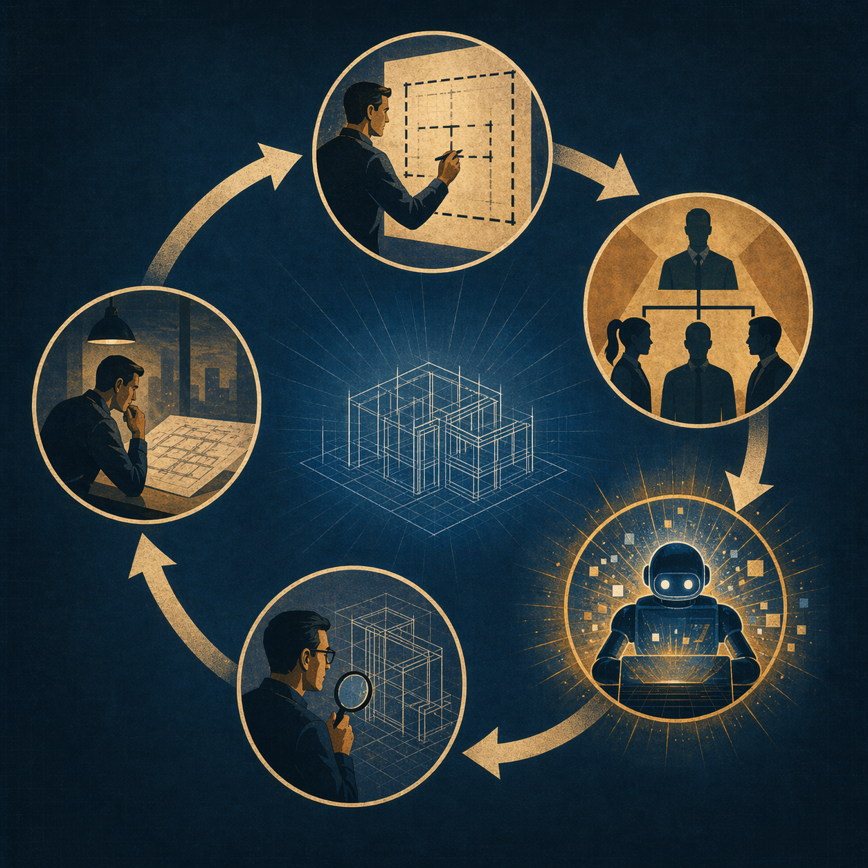 Circular flow: Define Boundaries, Specify Roles, AI Generates, Validate Structure, Architect Reviews