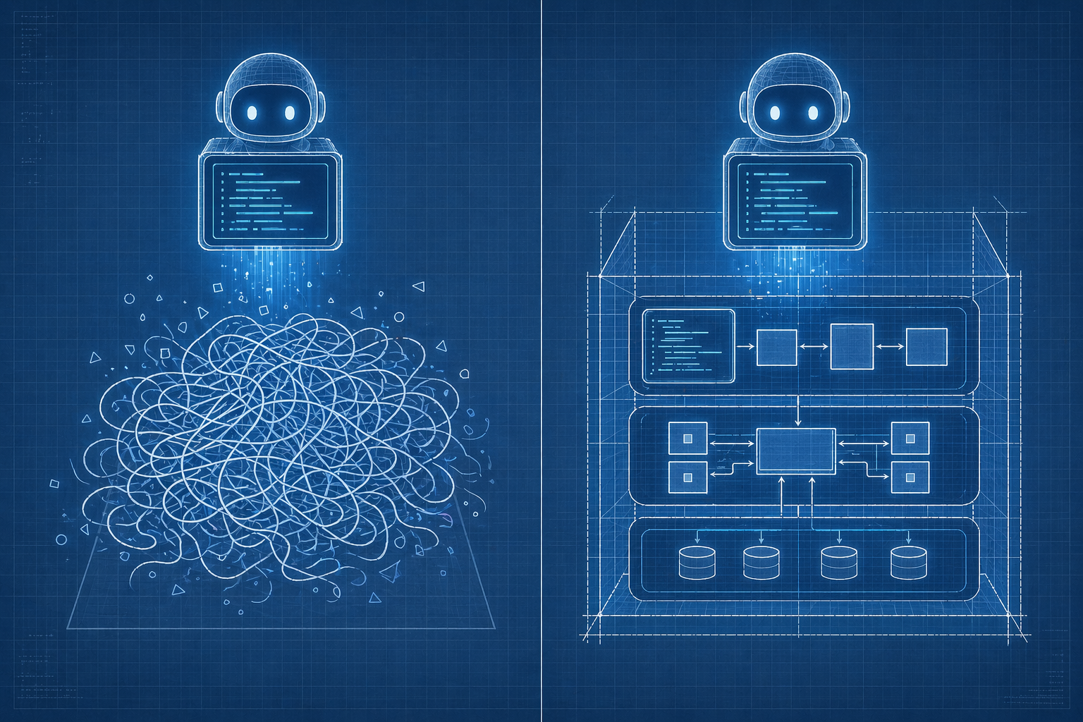 Split panel: AI generating tangled output without structure on the left, AI operating inside clean bounded architecture on the right