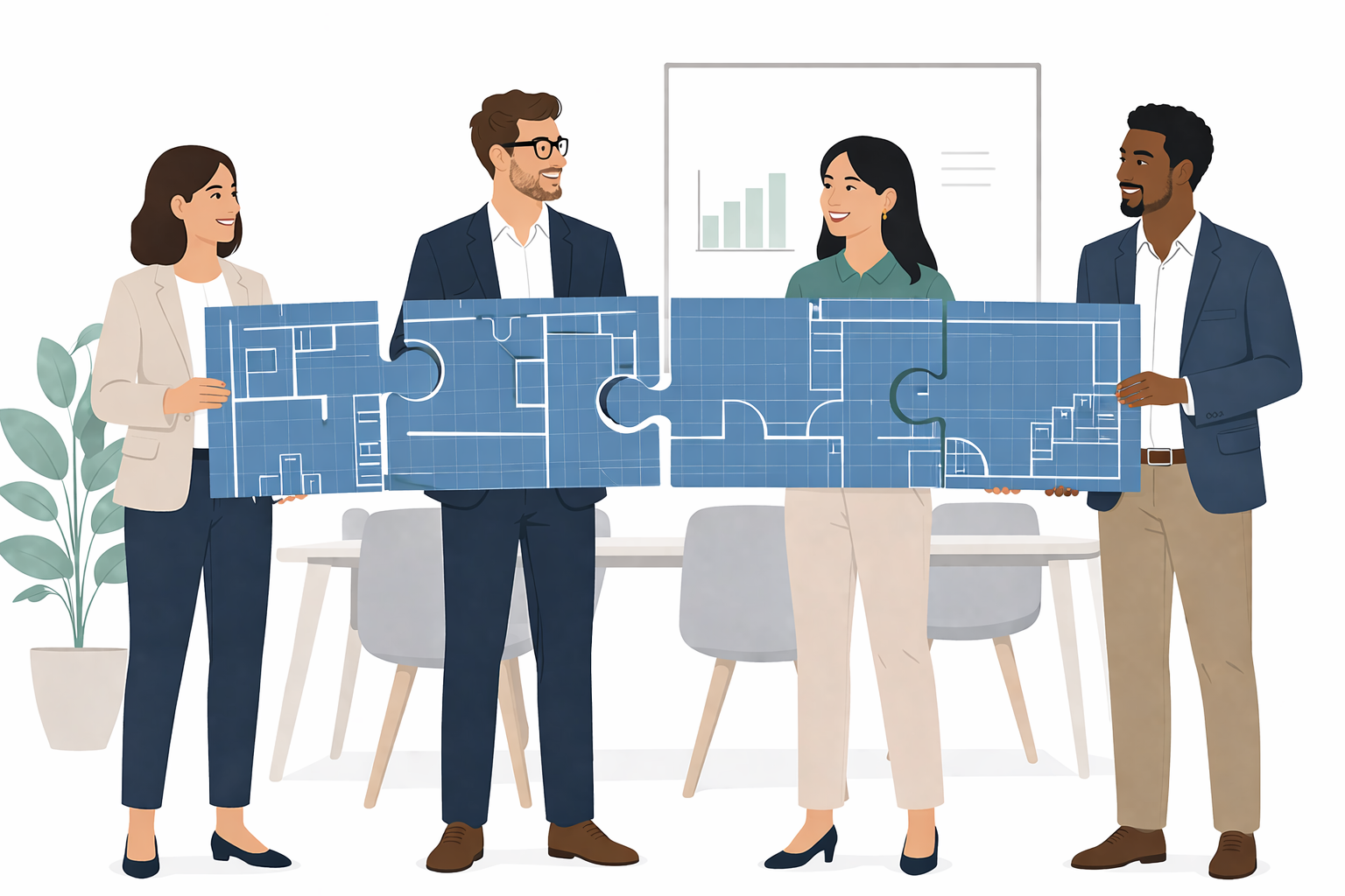 Four professionals holding puzzle pieces that fit together to form a single blueprint - an architectural floor plan. The pieces interlock perfectly. The image shows the same team, now working from a shared structural model.