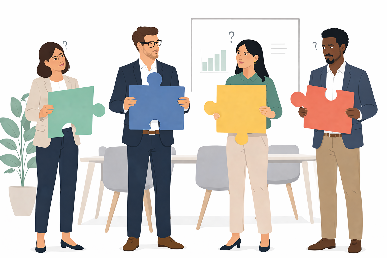 Four professionals each holding a large puzzle piece in a different color - green, blue, yellow, and red. The pieces do not connect to each other, and question marks float above each person's head. They look engaged but uncertain. The image illustrates competent people working with frameworks that were never designed to fit together.