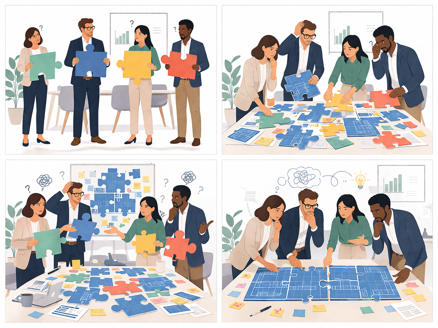 A four-panel illustration showing the journey from disconnected frameworks to structural alignment. Top-left: four people holding mismatched puzzle pieces with question marks. Top-right: the team around a table trying to force the pieces together. Bottom-left: full confusion, pieces everywhere, tangled thought bubbles. Bottom-right: the same team studying a shared blueprint together.