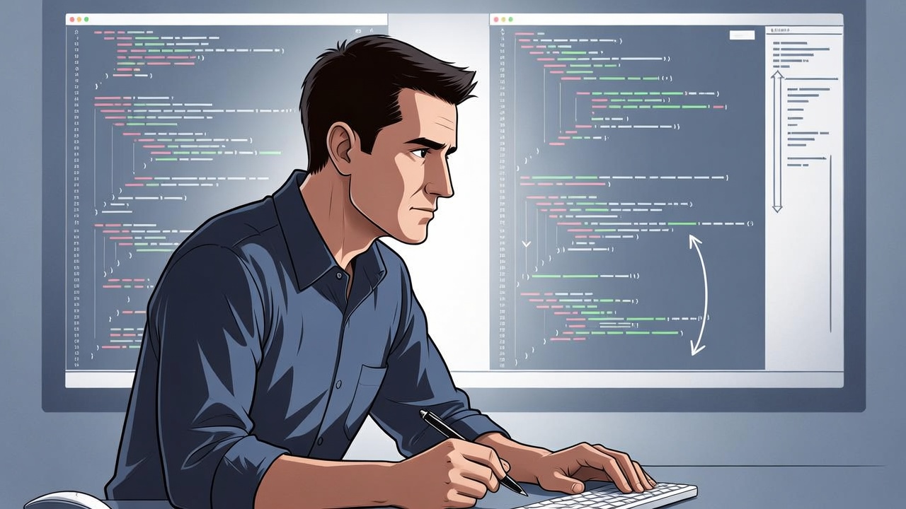 A developer studying AI-generated code critically, pen in hand