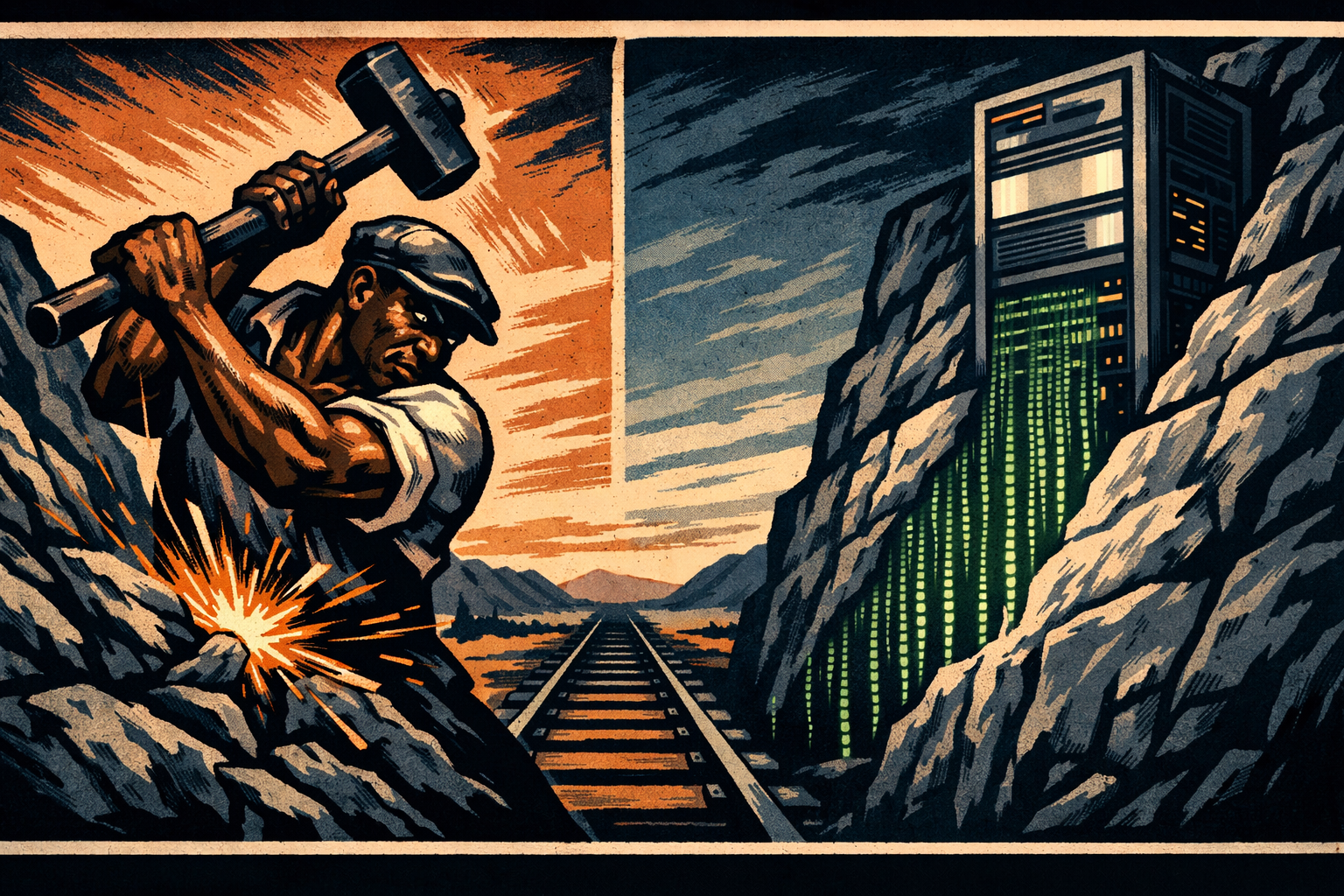 John Henry driving steel on the left with sparks flying, a glowing server rack outputting green code on the right, a railroad track running between them. WPA poster style.