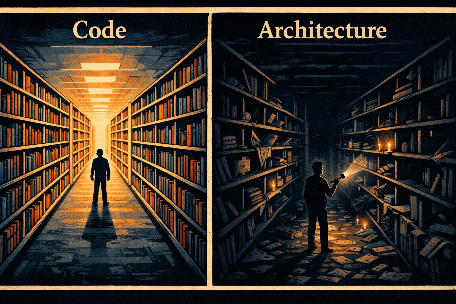 Two panel illustration: Code - a vast well-lit library full of organised books. Architecture - a dark sparse library with almost empty shelves, searched by candlelight.