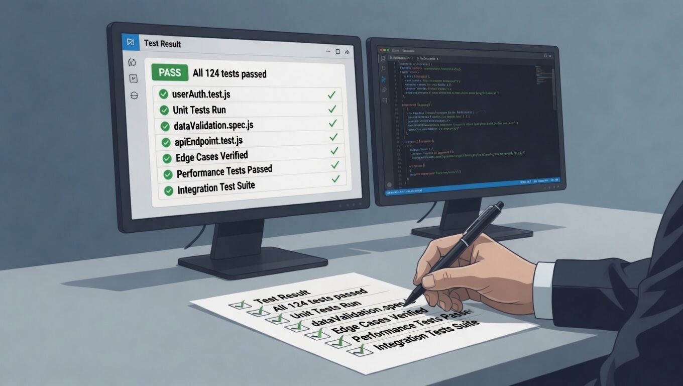 A developer marking a checklist against a passing test suite — deliberate verification